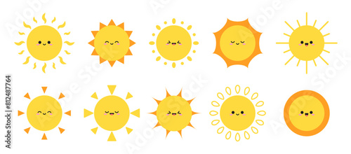 Cute shining sun smiling face emoji sun icons collection childish cartoon sun sticker illustration