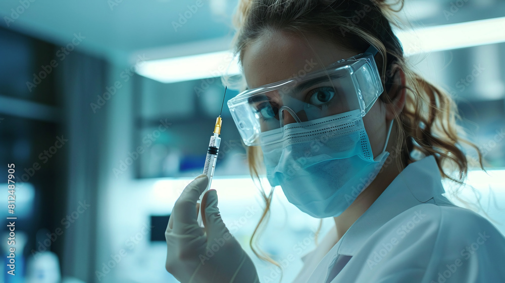 Young female doctor in a white coat, mask and safety glasses with a syringe in her hand in the hospital Young female doctor in a white coat, mask and safety glasses with a syringe in her hand in the hospital