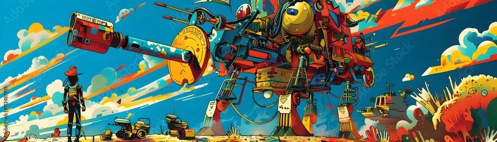 Mechanical Army of a Deranged Inventor Threatens the Travelers in a Vibrant Pop Art Landscape