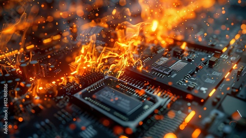 Witness the fiery demise of a data center. Server racks buckle under intense heat, hard drives melt, and precious information is forever lost in a scene of technological devastation. photo