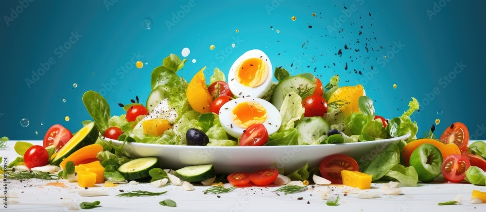Colorful background with a plate showcasing a nutritious salad featuring eggs with ample space for copy or images 113 characters Colorful background with a plate showcasing a nutritious salad featuring eggs with ample space for copy or images 113 characters