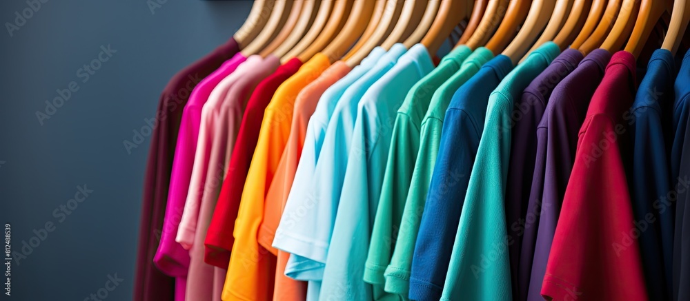 Colorful row of t shirts on hangers creating visual interest with ample copy space image