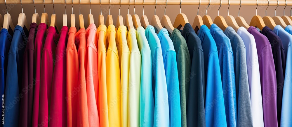 Colorful row of t shirts on hangers creating visual interest with ample copy space image Colorful row of t shirts on hangers creating visual interest with ample copy space image