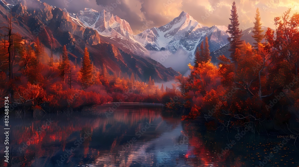 A majestic mountain range bathed in the warm colors of autumn, with a winding river below reflecting the fiery foliage, creating a stunning display of seasonal beauty