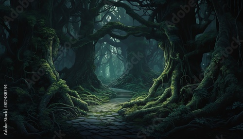 Haunted forest pathway lined with gnarled trees and faint apparitions, in a palette of black, midnight blue, and emerald green, for a chilling entrance hallway display