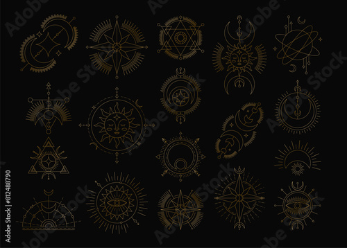 Line alchemy mystic. Tattoo delicate design, gold line logo. Tarot card cover, magic esoteric illustration. Astrology occult, moon and spiritual symbol, mysterious objects. Vector garish background