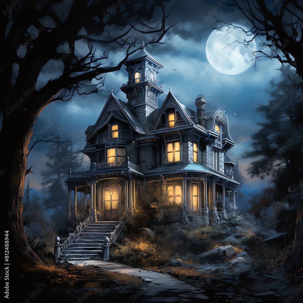 Spooky Victorian mansion at dusk with ghosts in the windows, surrounded by dead trees under a full moon, ideal for Halloween themed wall art in shades of gray and pale blue Spooky Victorian mansion at dusk with ghosts in the windows, surrounded by dead trees under a full moon, ideal for Halloween themed wall art in shades of gray and pale blue