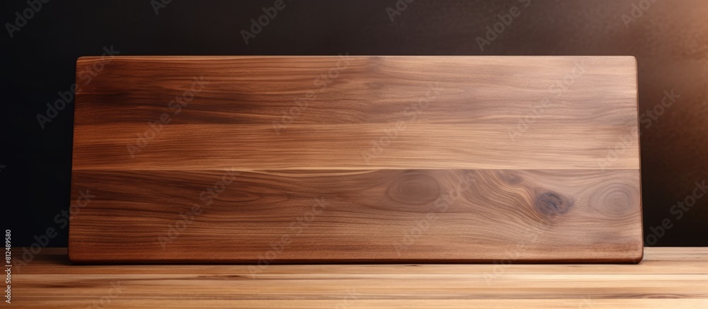 A wooden cutting board on a brown table is captured in a panoramic shot with plenty of copy space for potential images A wooden cutting board on a brown table is captured in a panoramic shot with plenty of copy space for potential images