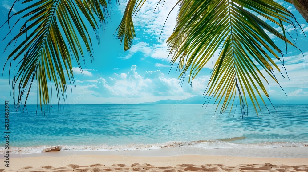 Travel destination, view on sandy beach, sun, sky, white clouds, beautiful landscape, summer holidays, vacation, travel