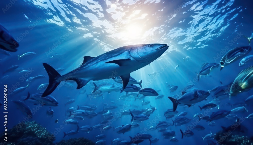 Fototapeta premium Groups of giant Tuna fish in the underwater, coral reef, amazing underwater life, various fish and exotic coral reefs, ocean wild creatures background