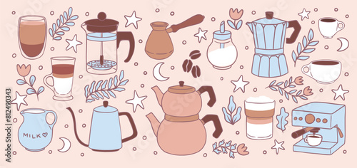 Coffee doodle set. Cafe flat icons  plant  cup and kitchen equipment. design isolated elements. Barista  leaf  winter harvest  milk drink  latte. Autumn boho  fun ground  shop  tools caffeine Vector