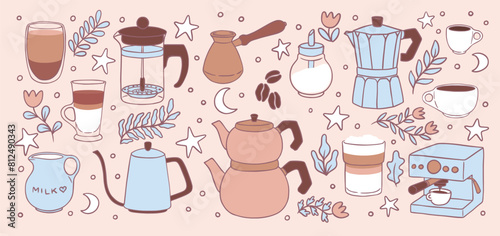 Coffee doodle set. Cafe flat icons, plant, cup and kitchen equipment. design isolated elements. Barista, leaf, winter harvest, milk drink, latte. Autumn boho, fun ground, shop, tools caffeine Vector