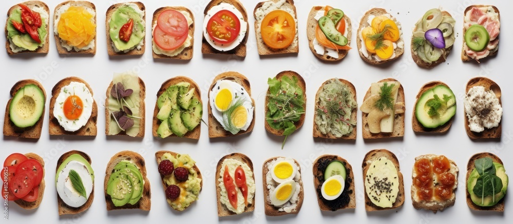 A diverse selection of open sandwiches adorned with nutritious toppings perfect for a copy space image A diverse selection of open sandwiches adorned with nutritious toppings perfect for a copy space image