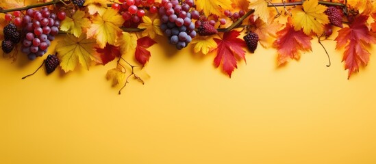 Top down view of an autumn composition showcasing a frame formed by vibrant red leaves of the girlish grape complemented by green berries all set against a bright yellow backdrop Ample copy space ima