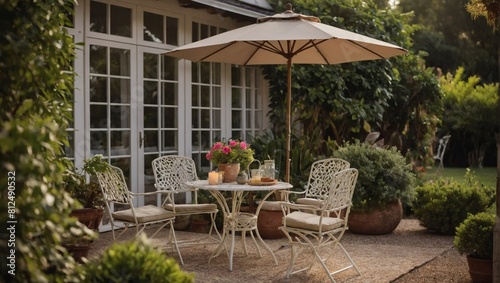 Al Fresco Haven  Garden Chairs  Table  and Parasol Create a Cozy Retreat in the Comfort of Home.