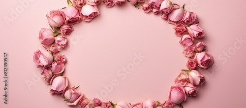 Top down view of a pink background adorned with a round frame crafted entirely from rose flower buds This artful flatlay offers an impressive copy space image
