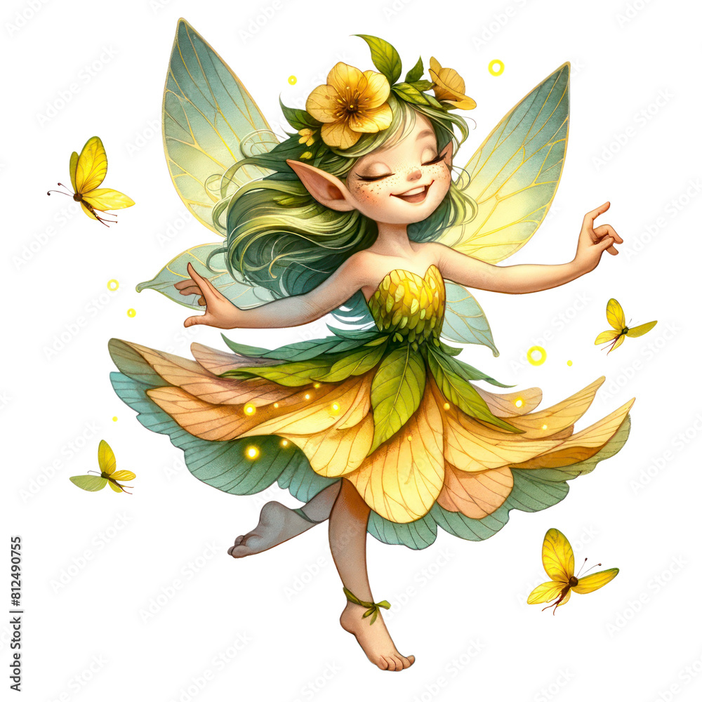 A beautiful fairy is dancing in the forest. She is wearing a yellow dress and has green wings. She is surrounded by yellow butterflies.