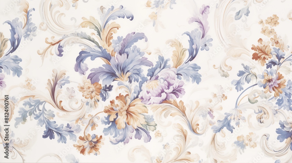 Elegant Floral Baroque Wallpaper Design with Swirling Pastel Patterns.