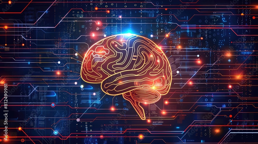 A brain is shown in a computer monitor with a red and blue background A brain is shown in a computer monitor with a red and blue background