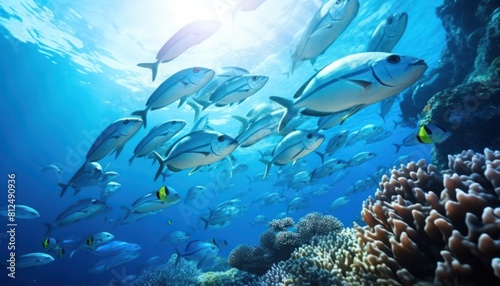 Groups of giant Tuna fish in the underwater  coral reef  amazing underwater life  various fish and exotic coral reefs  ocean wild creatures background