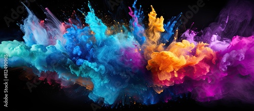 A dynamic artistic display of colorful powder explodes against a black backdrop creating a mesmerizing texture of glitter in this copy space image