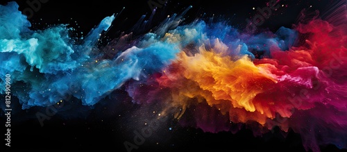 A dynamic artistic display of colorful powder explodes against a black backdrop creating a mesmerizing texture of glitter in this copy space image © HN Works