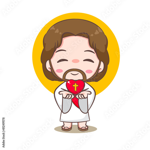 Cute Jesus Christ cartoon character with love heart. Hand drawn Chibi character, clip art, sticker, isolated white background. Christian Bible for kids. Mascot logo icon vector art illustration
