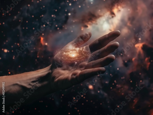 Close-up of a hand with cosmic galaxy effects symbolizing power  creation  or imagination.