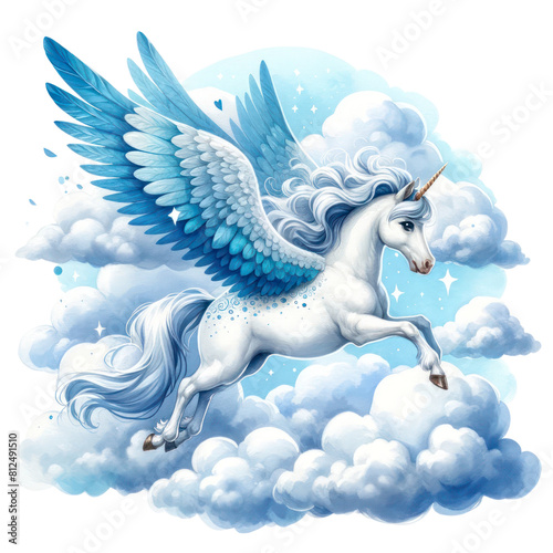 A beautiful illustration of a winged unicorn flying through the clouds
