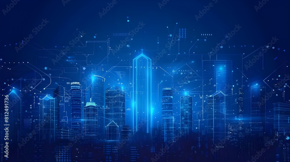 Fototapeta premium Sci-fi futuristic neon city of skyscrapers cityscape with space and light effect. Modern hi-tech, science, futuristic technology concept. Abstract digital high tech city design for banner background