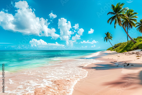 Sunny tropical Caribbean beach with palm trees and turquoise water, Caribbean island vacation, hot summer day