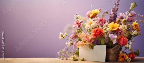 A postcard featuring a vibrant bouquet of wildflowers creatively showcased within an envelope leaving room for additional content or text copy space image