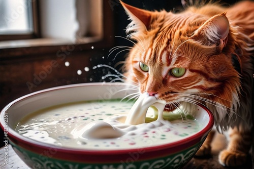 Red cat drinks milk photo