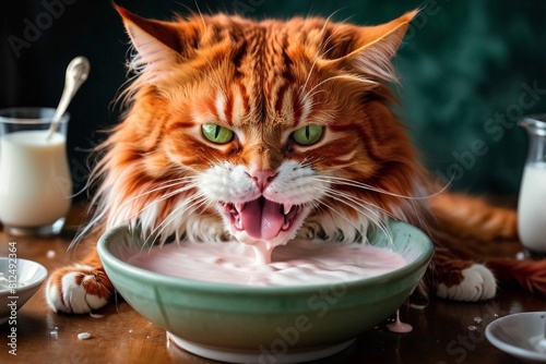 Red cat drinks milk photo