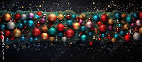 A festive Christmas scene featuring a vibrant Christmas tree adorned with colorful toys and sequined balls The image is seen from a top view with a flat surface providing ample space for custom inscr