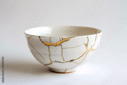 White Japanese Kintsugi bowl with ceramic repair technique that uses lacquer mixed with powdered gold photo