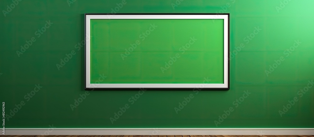 The framed picture on the wall features a green screen to easily incorporate content such as images or text effectively The frame is made of wood and is situated against a black or white wall providi The framed picture on the wall features a green screen to easily incorporate content such as images or text effectively The frame is made of wood and is situated against a black or white wall providi