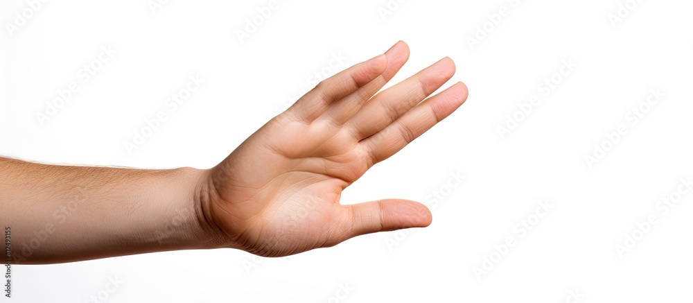 A hand gesture from a model isolated on a white background presenting with copy space image