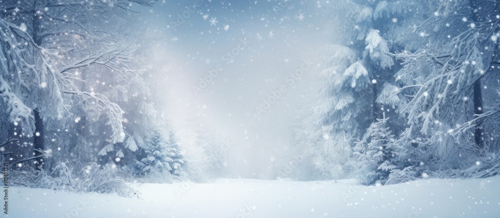 Get lost in the tranquil and magical ambiance of a snow covered Christmas forest This serene background is ideal for capturing the essence of the holiday season Copy space image
