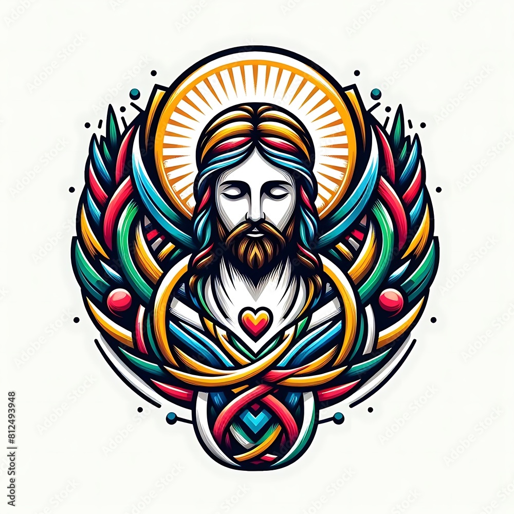 A colorful graphic of a jesus christ with long hair and wings realistic photo used for printing card design illustrator.
