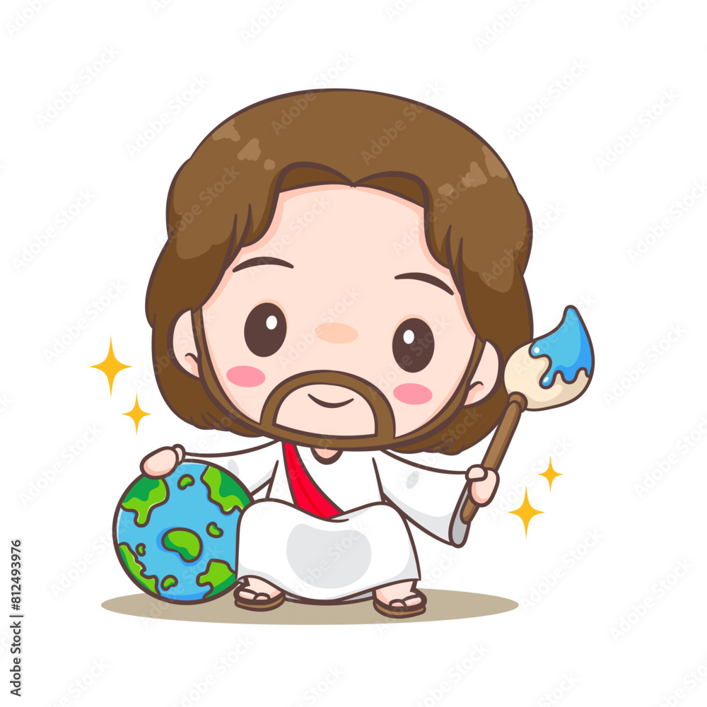 Cute Jesus Christ cartoon character creating the earth. Hand drawn Chibi character, clip art, sticker, isolated white background. Christian Bible for kids. Mascot logo icon vector art illustration Cute Jesus Christ cartoon character creating the earth. Hand drawn Chibi character, clip art, sticker, isolated white background. Christian Bible for kids. Mascot logo icon vector art illustration