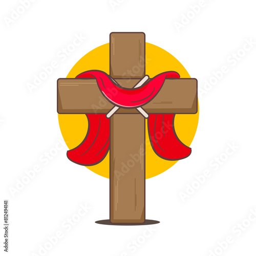 Christian cross cartoon. Holy Week Vector art. Christian religion concept design. Hand drawn clip art sticker Isolated white background. Vector art illustration