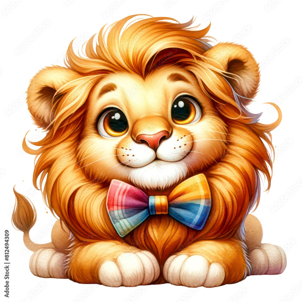 Cute cartoon lion cub with big eyes and a colorful bow tie. Cute cartoon lion cub with big eyes and a colorful bow tie.