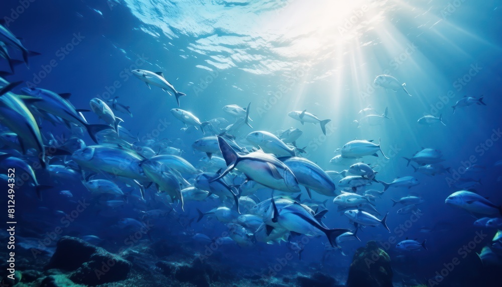 Fototapeta premium Groups of giant Tuna fish in the underwater, coral reef, amazing underwater life, various fish and exotic coral reefs, ocean wild creatures background