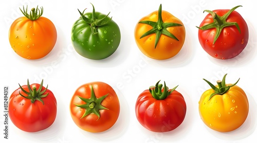 A flat drawing of different tomatoes on a white background