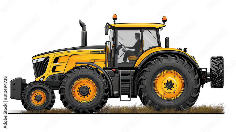 A yellow tractor with a man in the cab A yellow tractor with a man in the cab