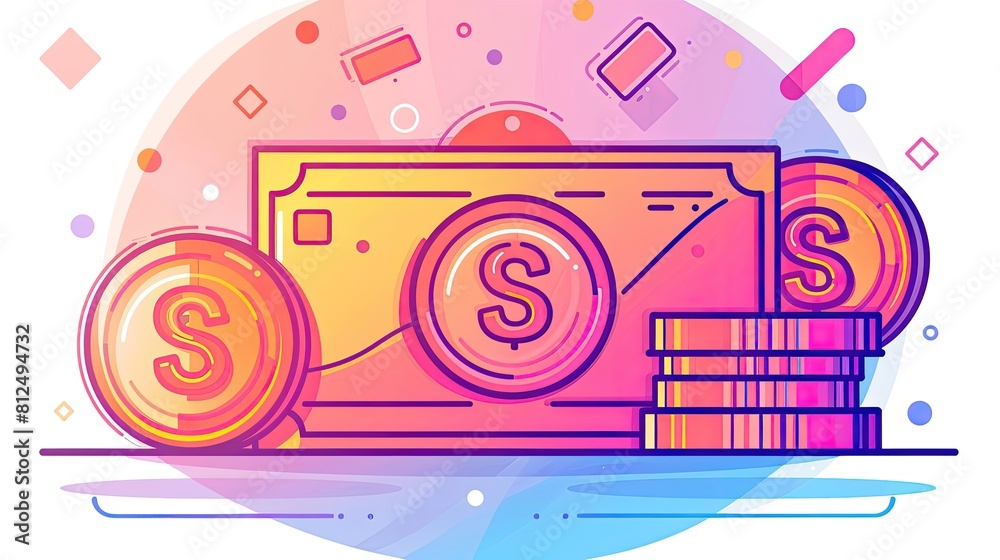 A colorful drawing of a stack of coins and a bill with the letter S on it A colorful drawing of a stack of coins and a bill with the letter S on it