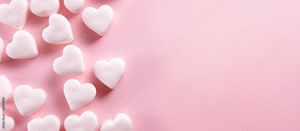Copy space image of pink marshmallow hearts arranged on a soft pink background creating a Valentine s Day love concept
