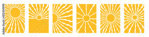 Retro groovy abstract sun backgrounds. Hand drawn doodle sunshine shapes. Trendy colorful hippie 60s 70s style. Vector illustration.