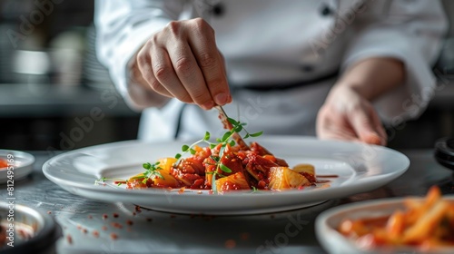 A chef plating a fusion dish that includes kimchi as a main ingredient in a high-end restaurant